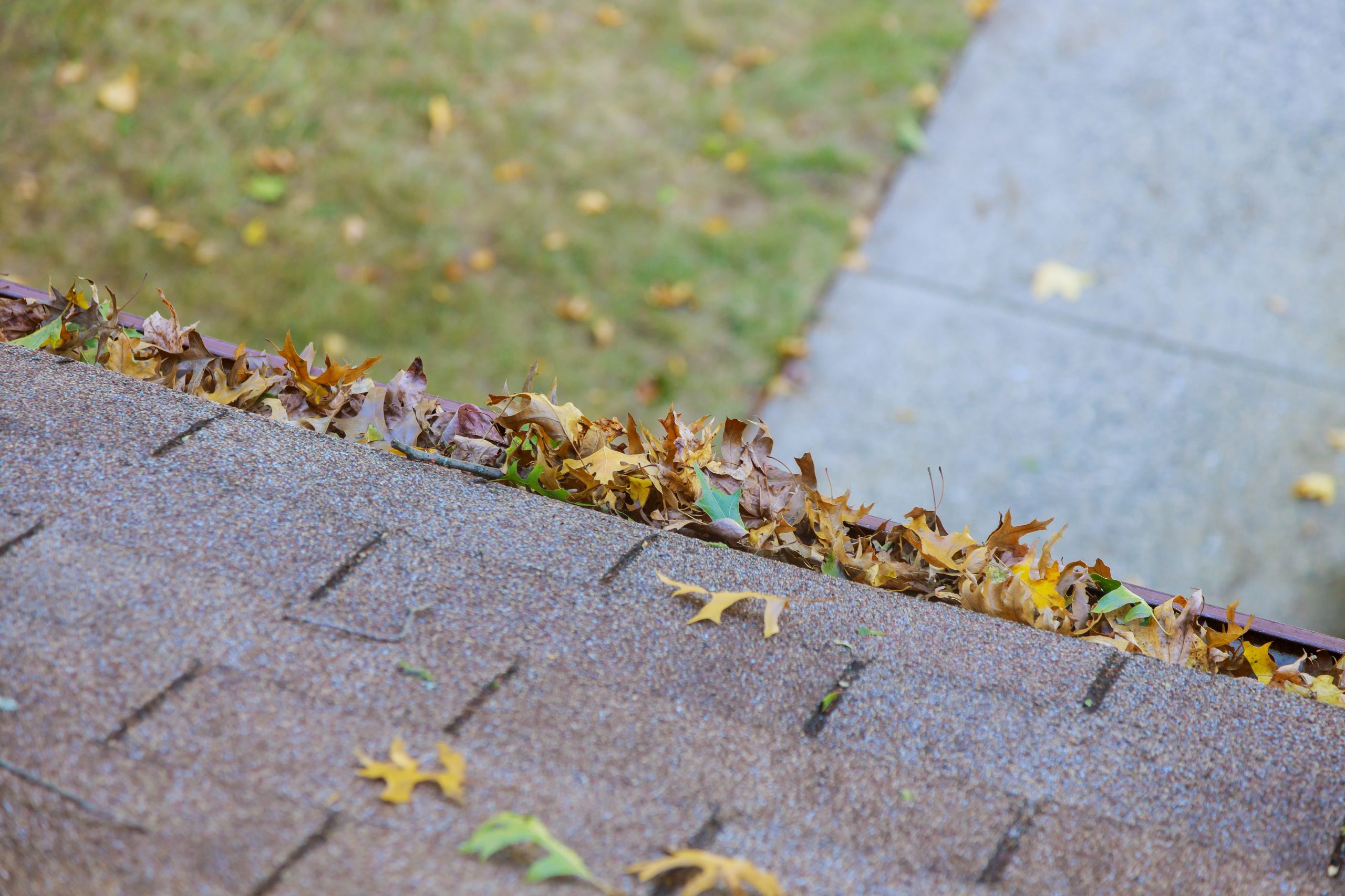 Dirty roof with gutter with leaves requiring cleaning How do you slope a flat roof for drainage in Denver?
