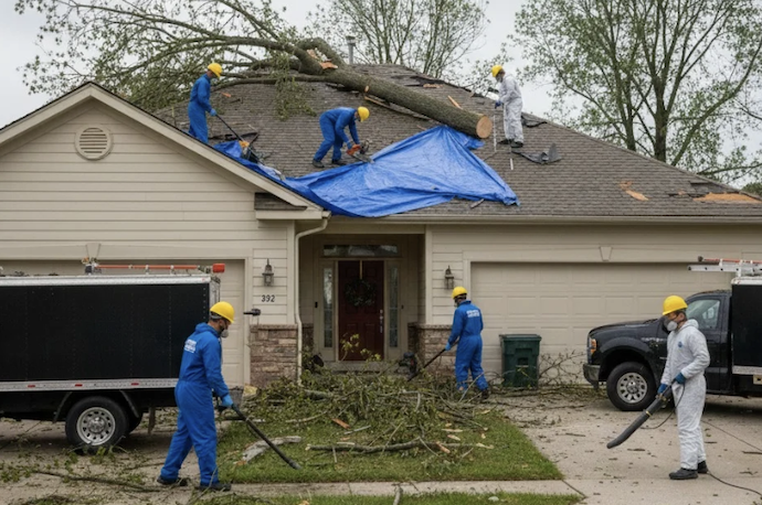 a team repairing a roof after a storm