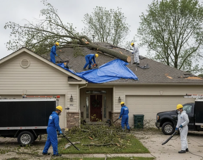 a team repairing a roof after a storm