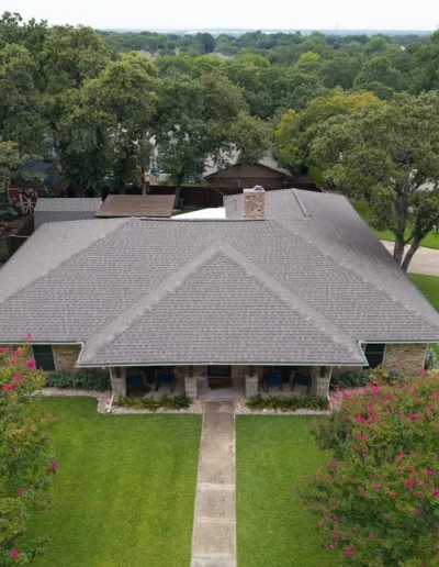 overhead view of storm damage roof restoration